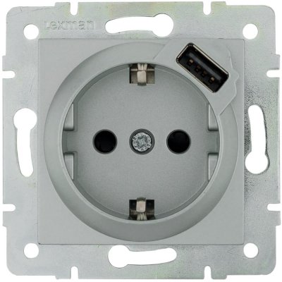 Розетка встраиваемая Lexman Виктория с заземлением, разъем USB, цвет матовое серебро, SM-17921527