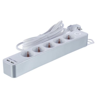 Удлинитель с заземлением на 5 розеток, 3 м, кнопка, 2 USB, цвет серебро, SM-82575561
