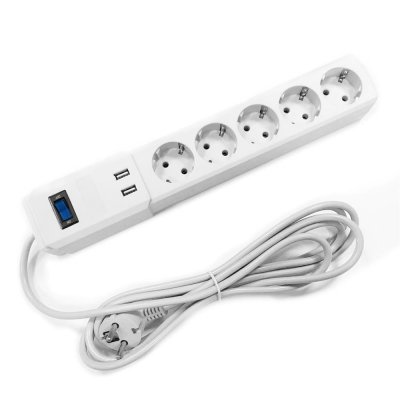 Удлинитель с заземлением на 5 розеток с USB, 3 м, выключатель, цвет белый, SM-82600372
