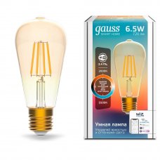 Лампа умная светодиодная филаментная Gauss E27 220-240 В 6.5 Вт груша с напылением 720 лм, регулируемый свет