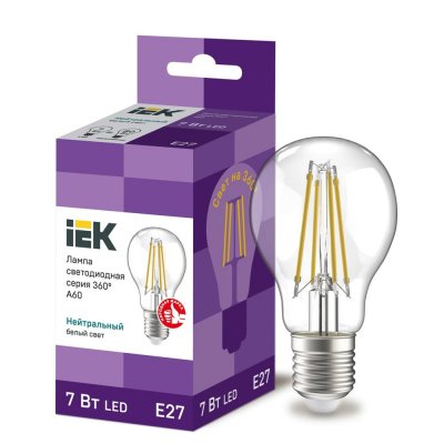 Лампа светодиодная IEK E27 175-250 В 7 Вт груша прозрачная 840 лм нейтральный белый свет, SM-87404400
