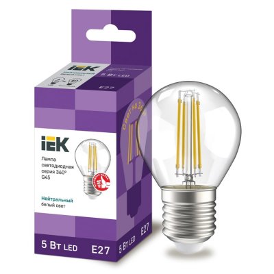 Лампа светодиодная IEK E27 175-250 В 5 Вт шар прозрачная 600 лм нейтральный белый свет, SM-87404847