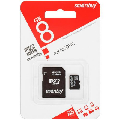 Карта памяти Smartbuy microSDHC 8 ГБ [SB8GBSDCL10-01], BT-1108280