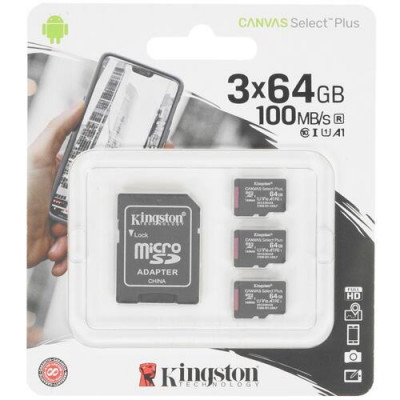Карта памяти Kingston Canvas Select Plus microSDXC 64 ГБ [SDCS2/64GB-3P1A], BT-4716404