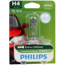 Галогенная лампа, Philips, LongLife EcoVision, H4 (P43t), 12V, 60/55W, уп. 1 шт., блистер