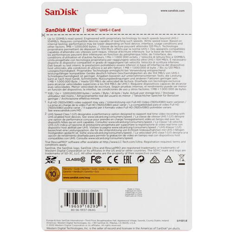 Карта памяти sdxc sandisk ultra 128 гб sdsdun4 128g gn6in